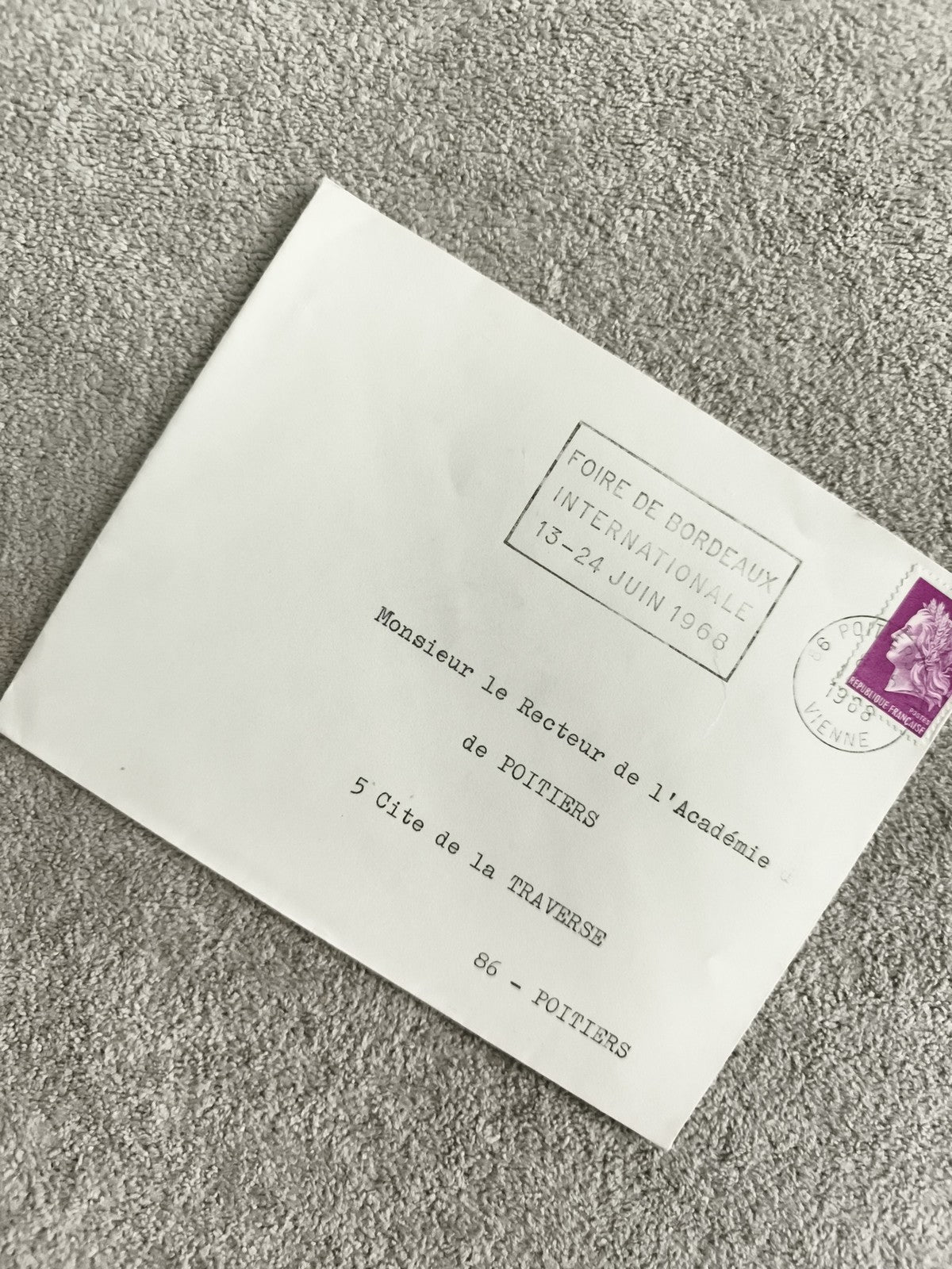 Lettre oblitérée Foire de Bordeaux 1968 timbre Marianne violet philatélie France