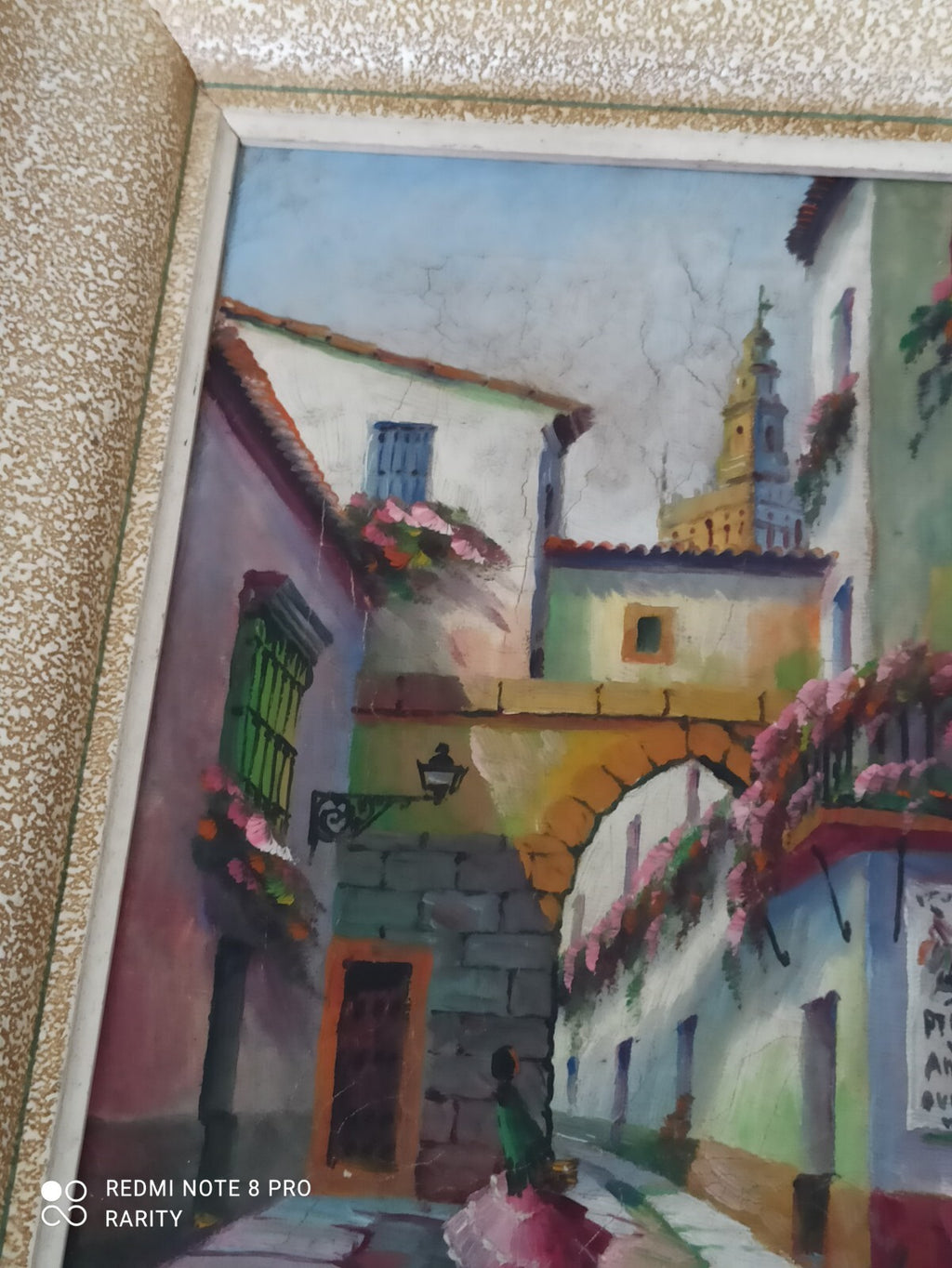 Tableau peinture scène de rue andalouse cadre doré 35x27cm Espagne mural