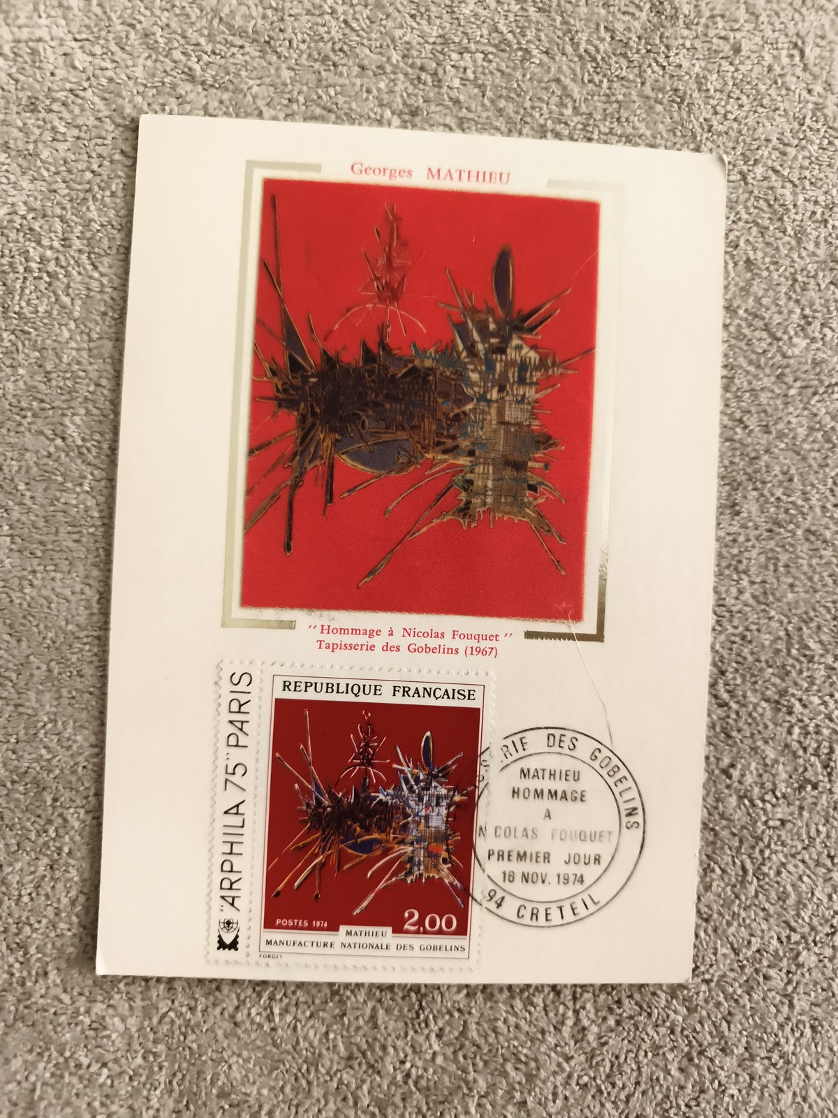 Carte Premier Jour timbre Georges Mathieu 1974 Hommage Nicolas Fouquet Gobelins