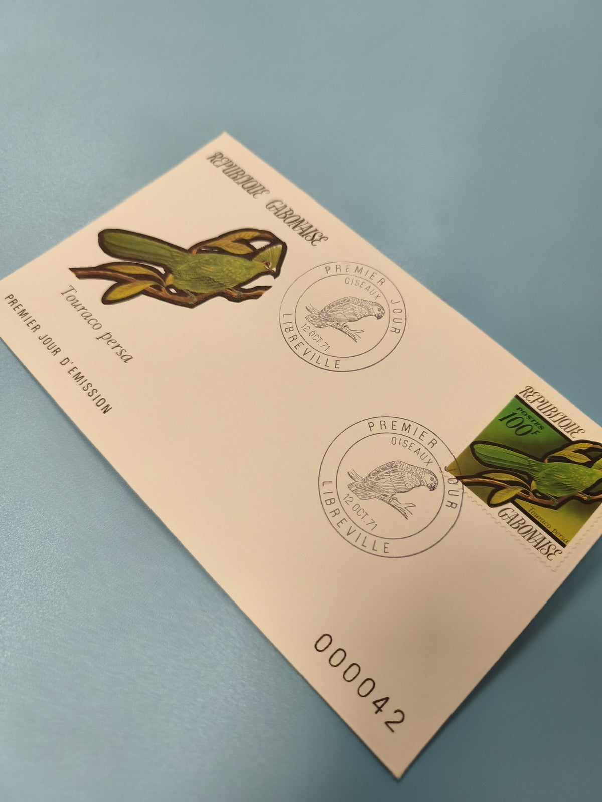 Enveloppe FDC Premier Jour Gabon Touaco Persa Timbre Oiseau Vert Libreville