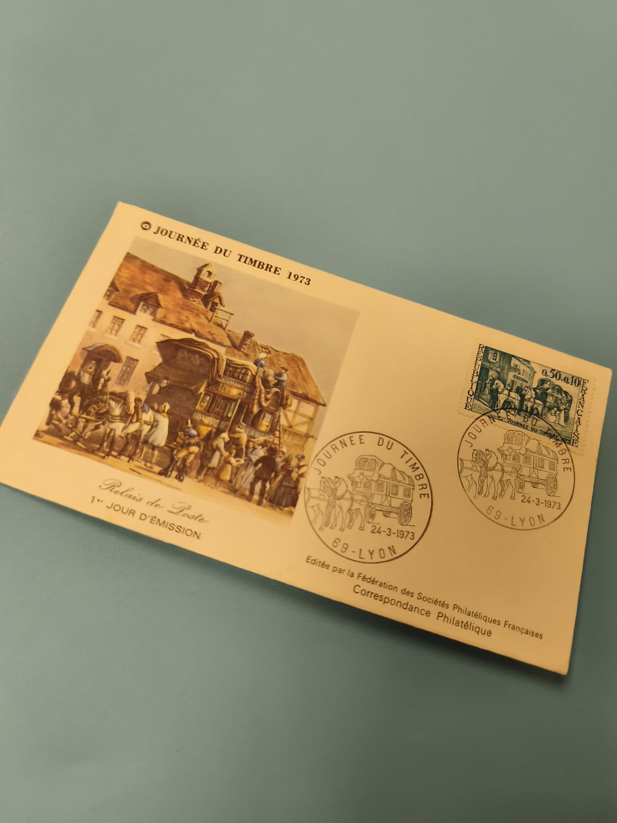 Enveloppe Premier Jour FDC Journée du Timbre 1973 Relais de Poste Lyon