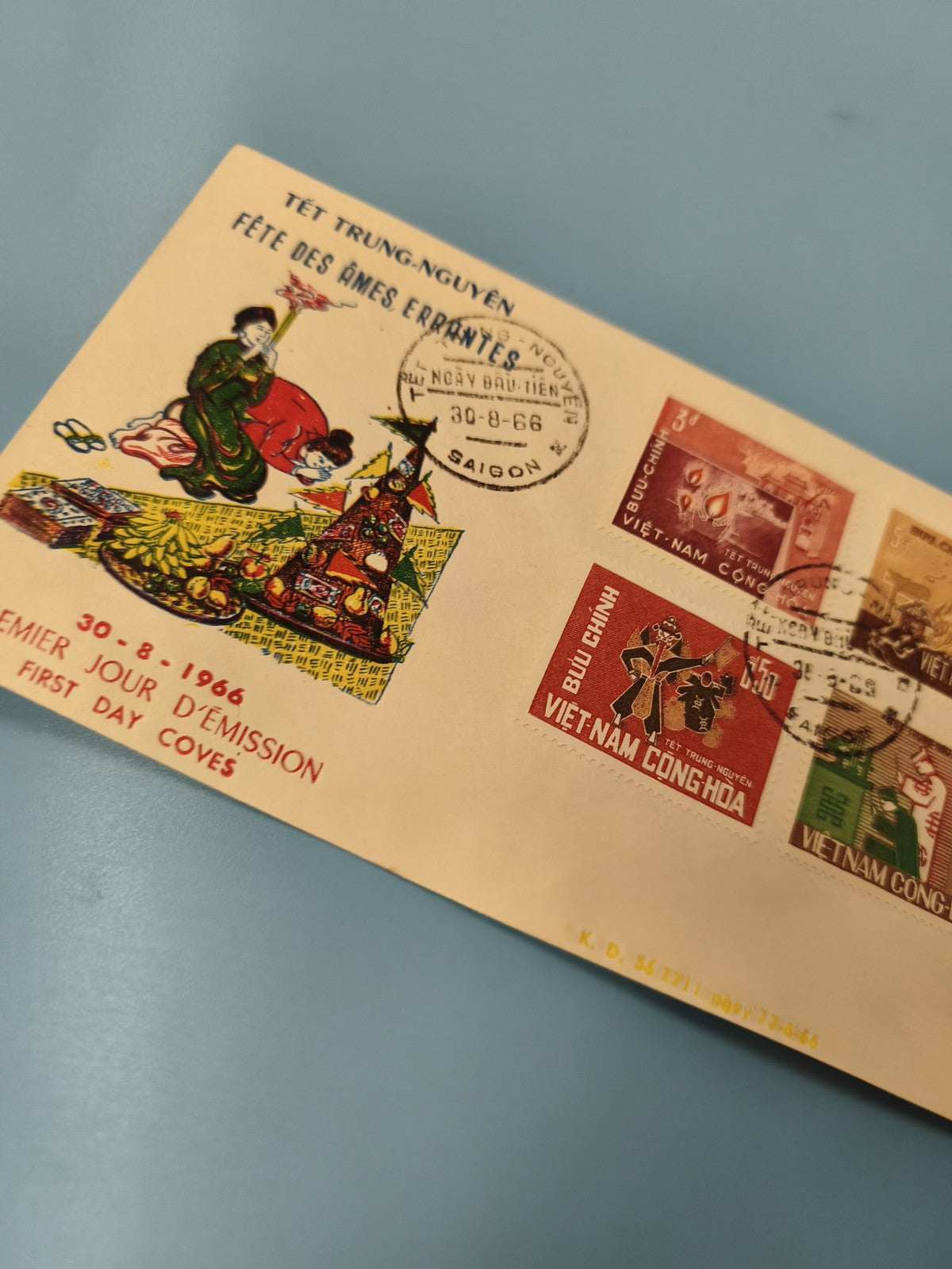 Ancienne enveloppe FDC Vietnam 1966 Têt Trung Nguyen, timbres illustrés, Saigon