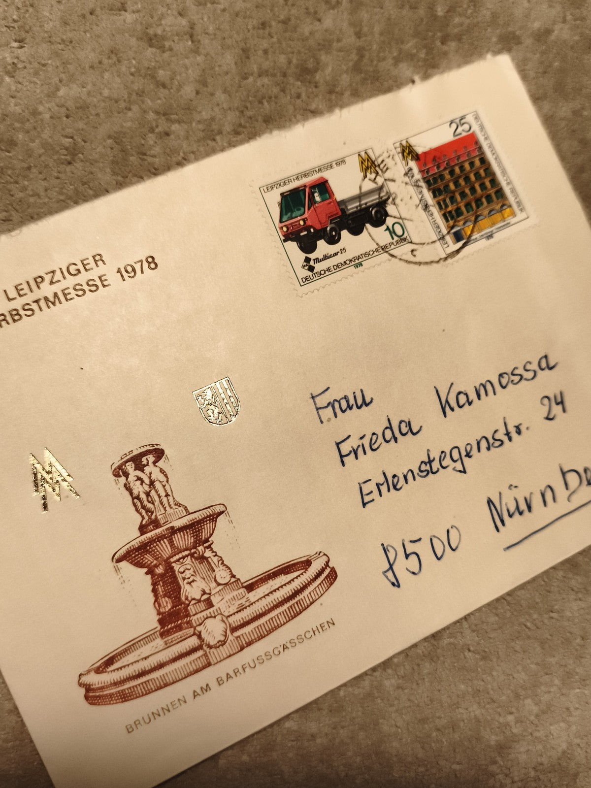Lettre Leipzig 1978 affranchie DDR timbres Multicar fontaine Barfussgässchen (Re