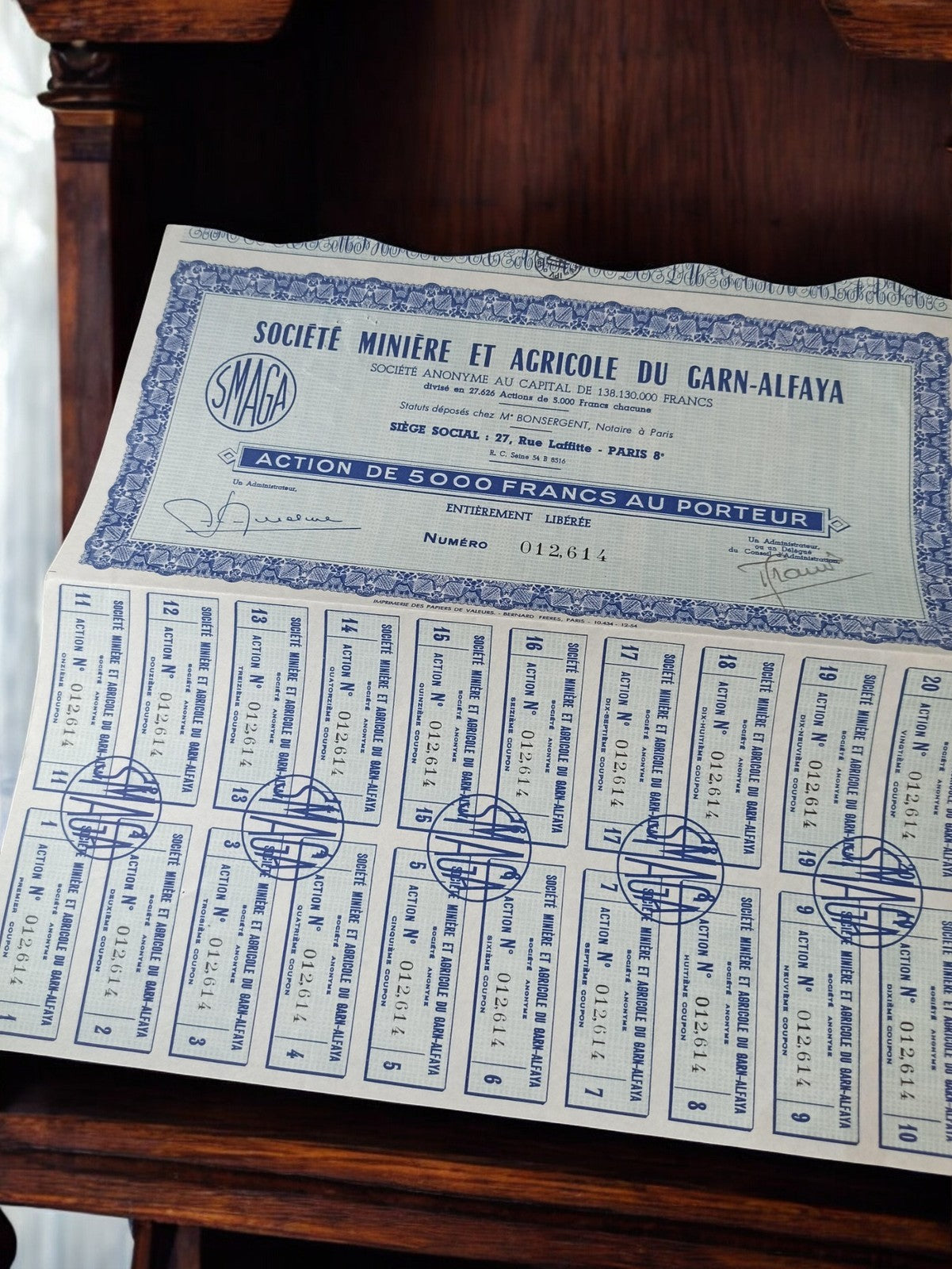Action au porteur SMAGA 5000 francs années 1920 bleu vintage papier valeur