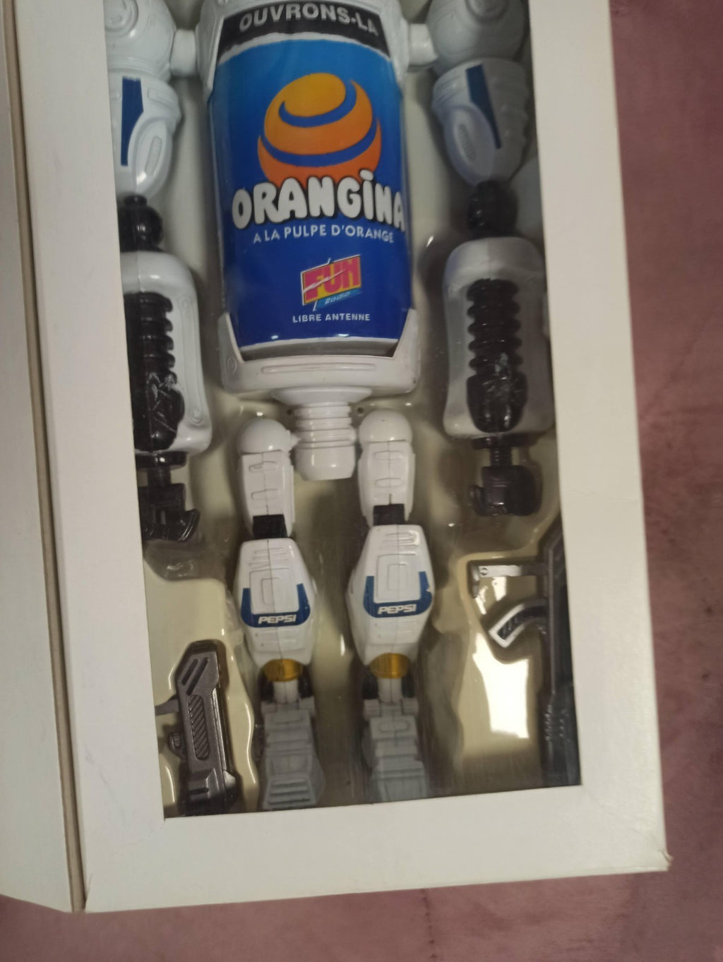 Figurine robot Orangina Pepsi vintage boîte, robot can publicitaire années 90