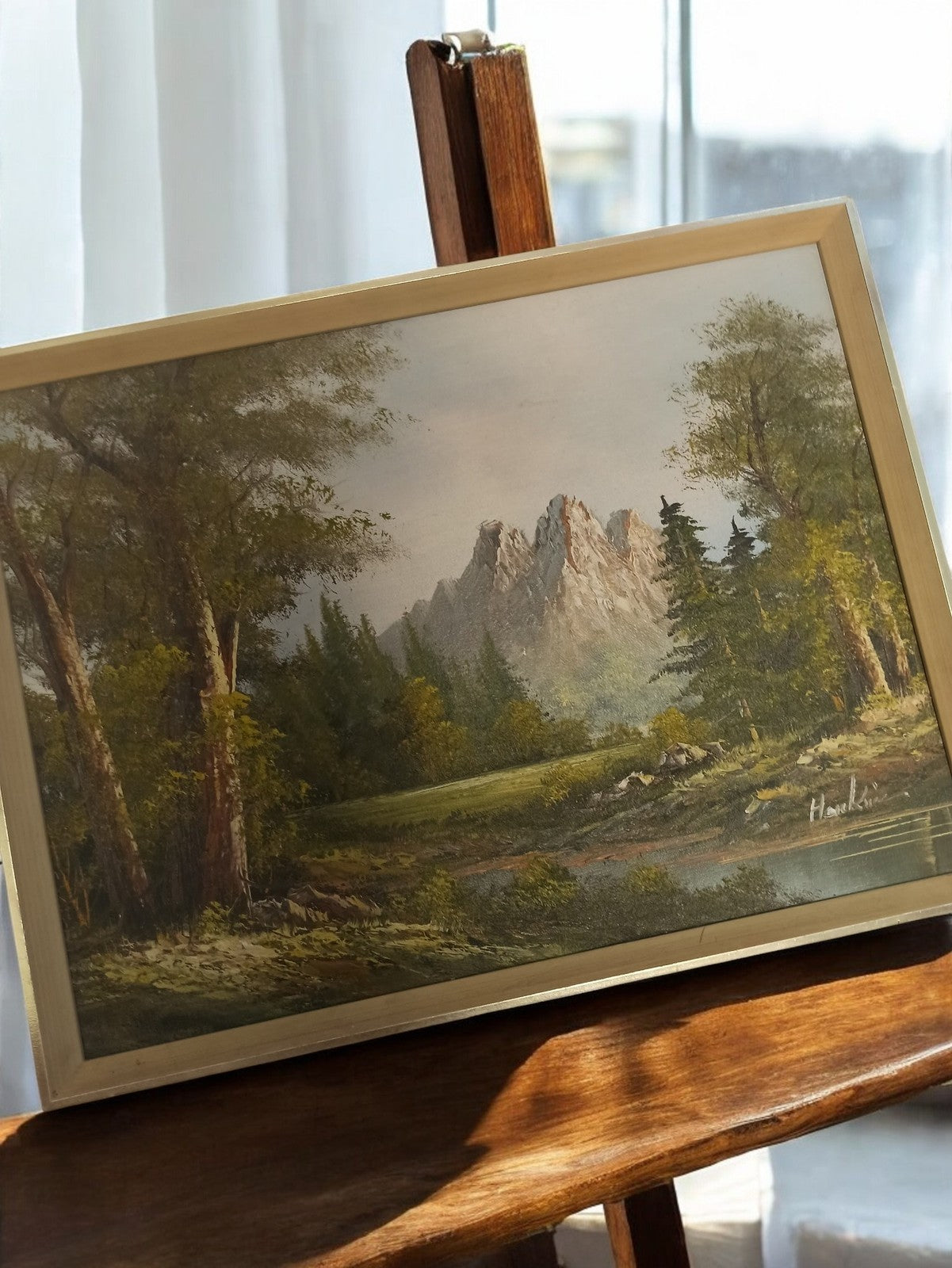 Tableau ancien paysage forêt montagnes signé Hawkins peinture vintage déco