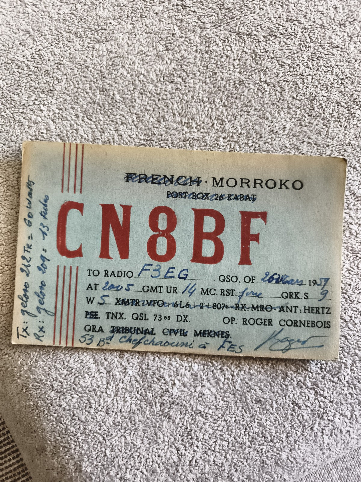 Carte QSL radio ancienne CN8BF Maroc 1937 Fès vintage amateur radio