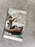 CPA illustrée homme chapeau haut-de-forme canot montagne lac paysage