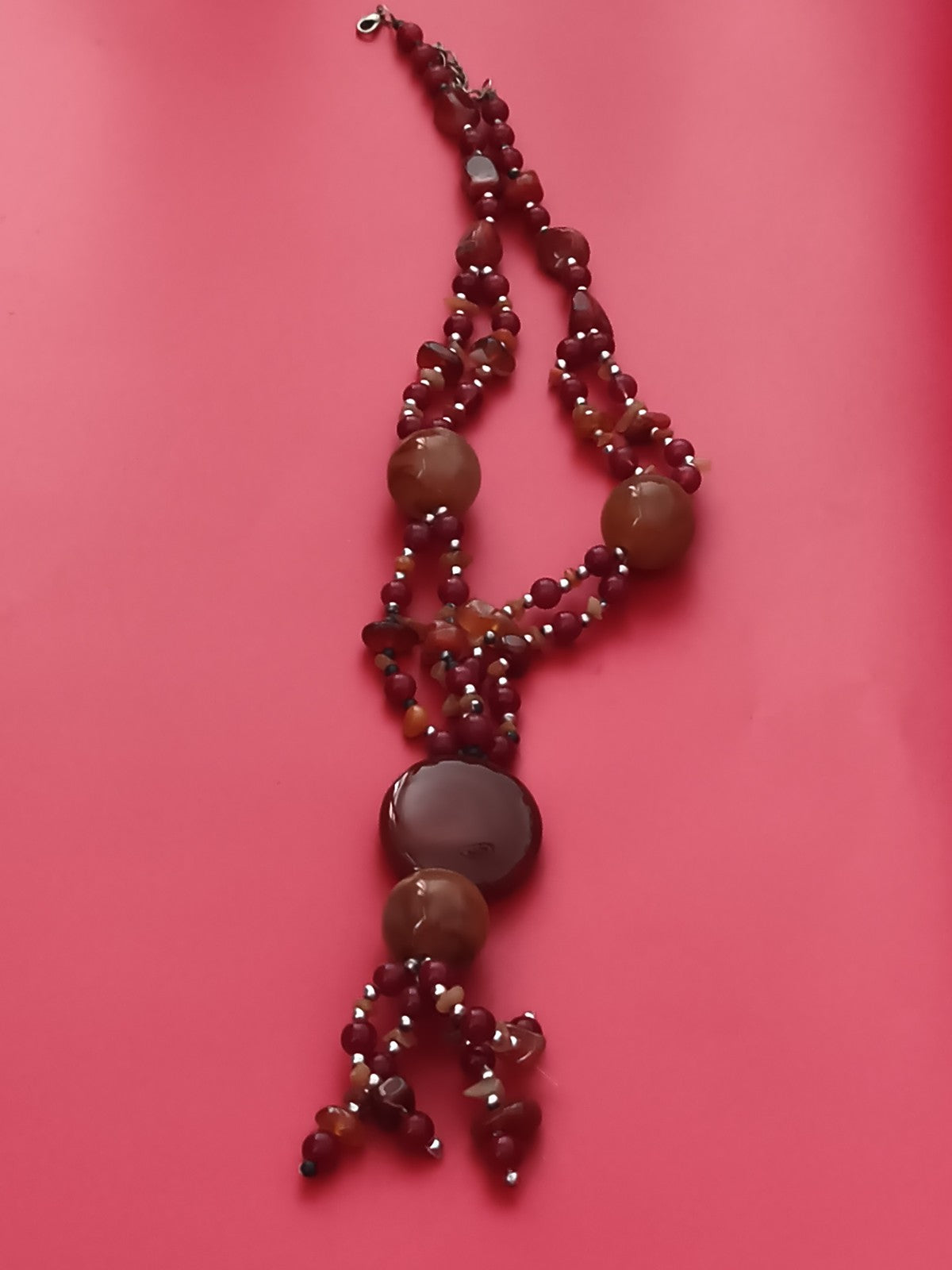 Collier ancien multirangs pierres naturelles brun rouge vintage