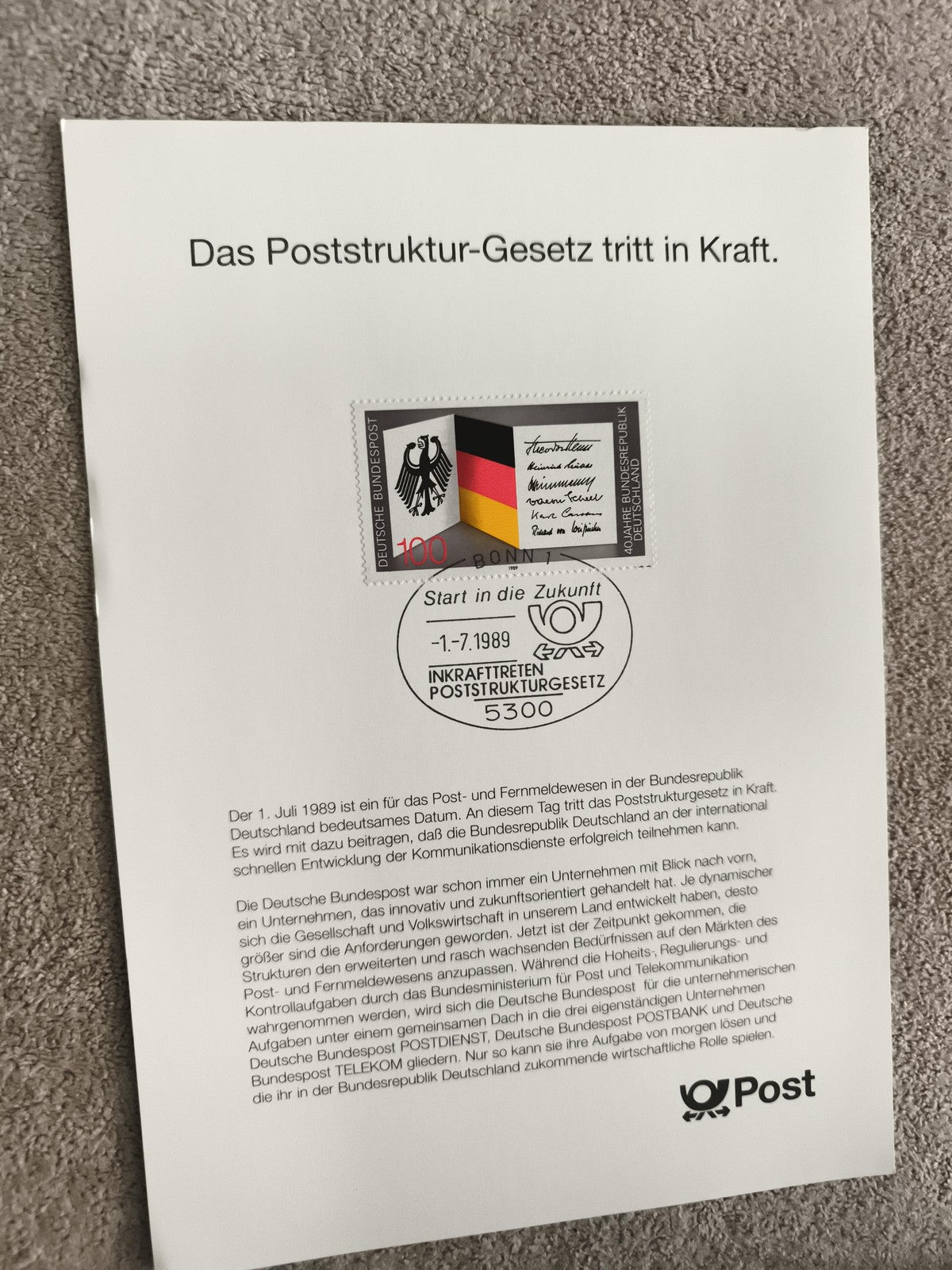 Timbre Allemagne 1989 Deutsche Bundespost, Poststrukturgesetz, carte Premier Jou