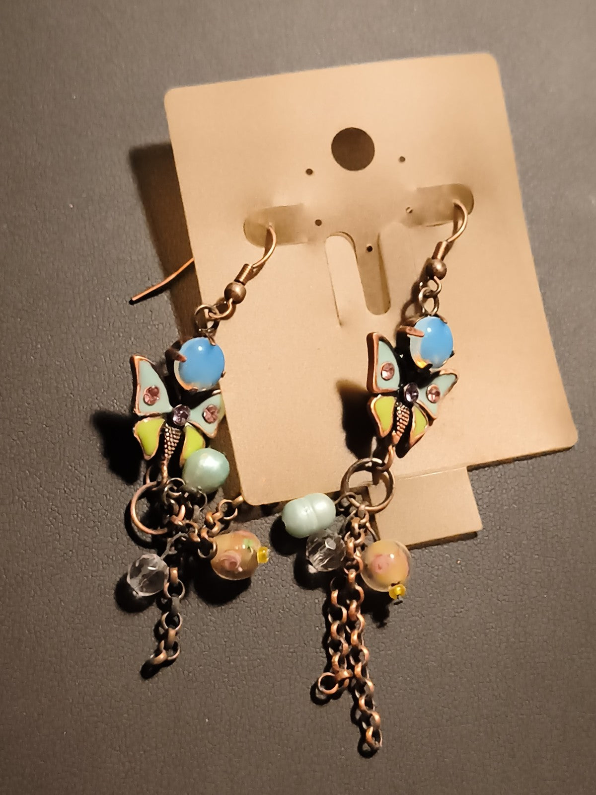 Boucles d’oreilles vintage papillon perles pendentif, deadstock fantaisie