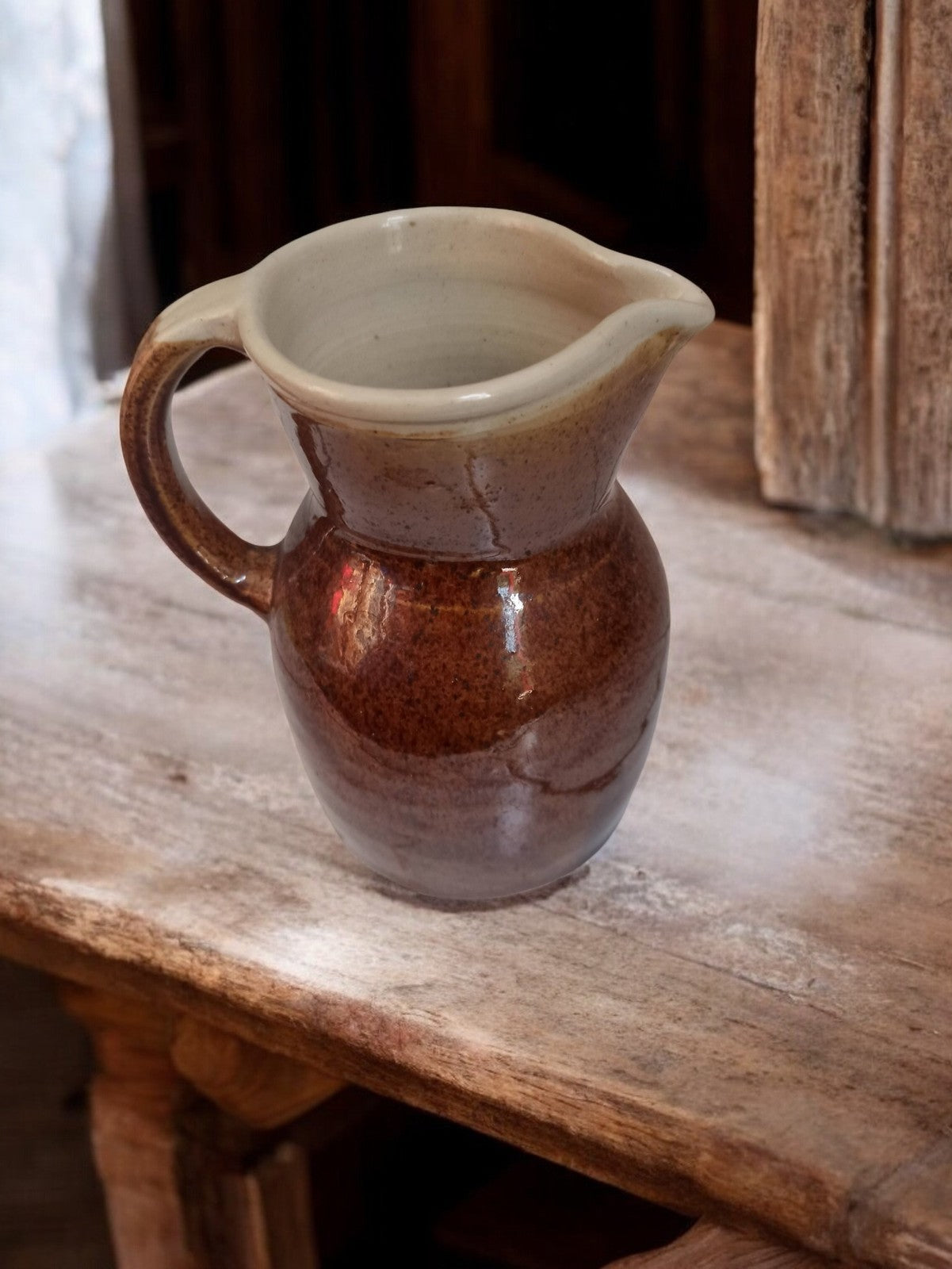 Pichet ancien en grès émaillé brun, vintage rétro déco céramique