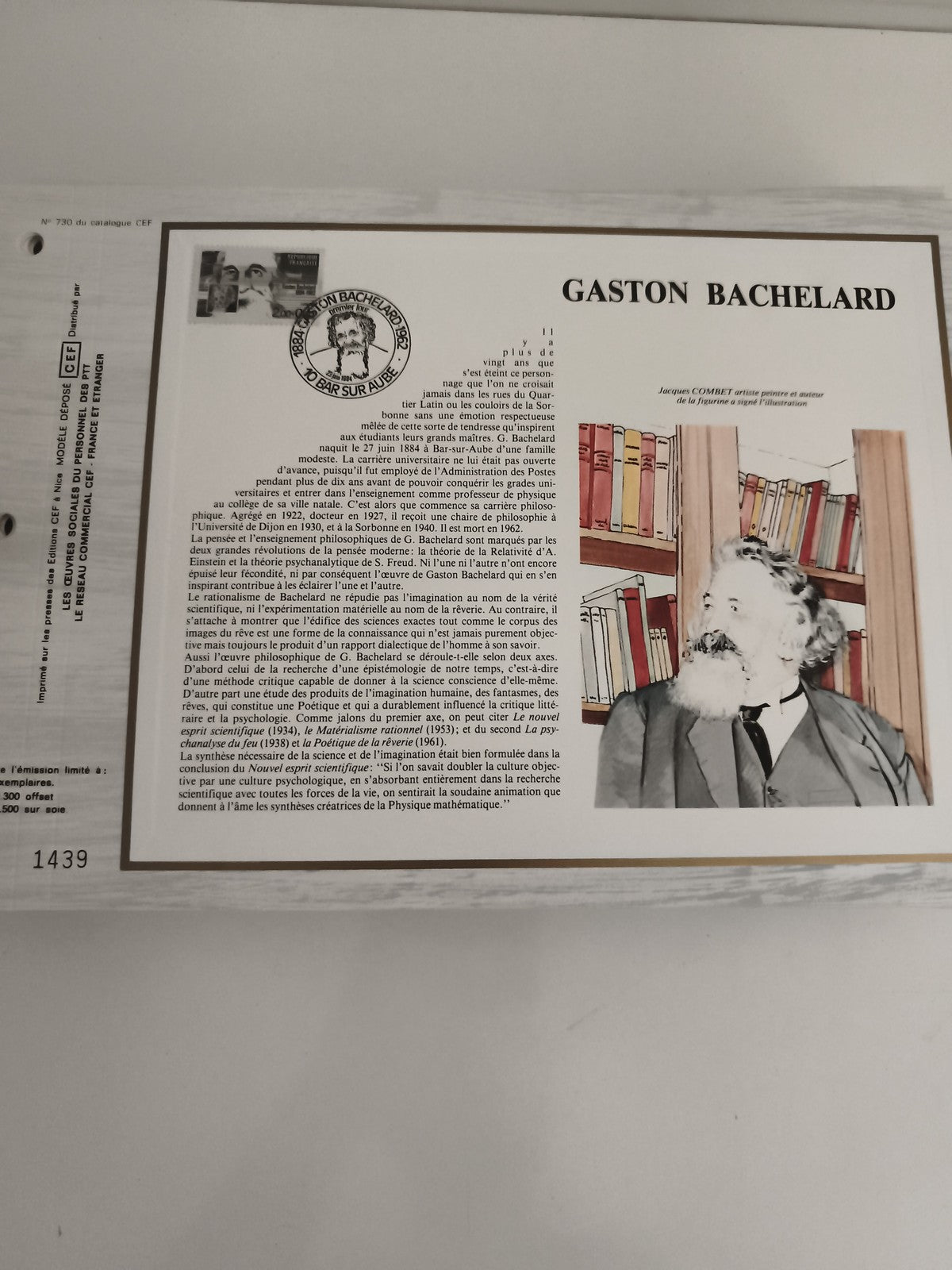 Feuillet philatélique CEF Gaston Bachelard illustration timbre France