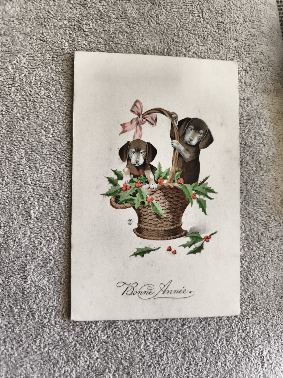 Carte postale Bonne Année chiens panier houx illustration CPA