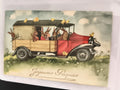 Carte postale ancienne Joyeuses Pâques illustration lapins voiture rétro CPA
