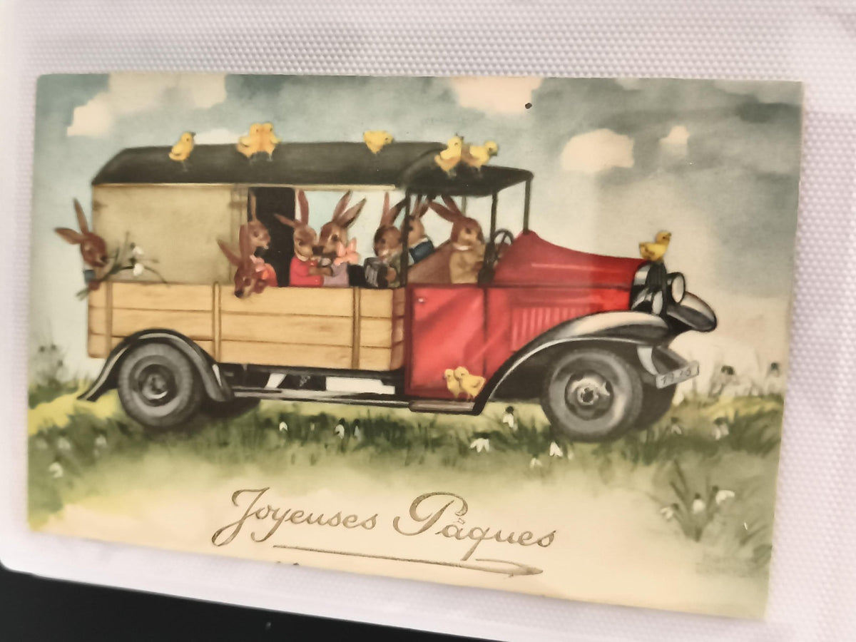 Carte postale ancienne Joyeuses Pâques illustration lapins voiture rétro CPA