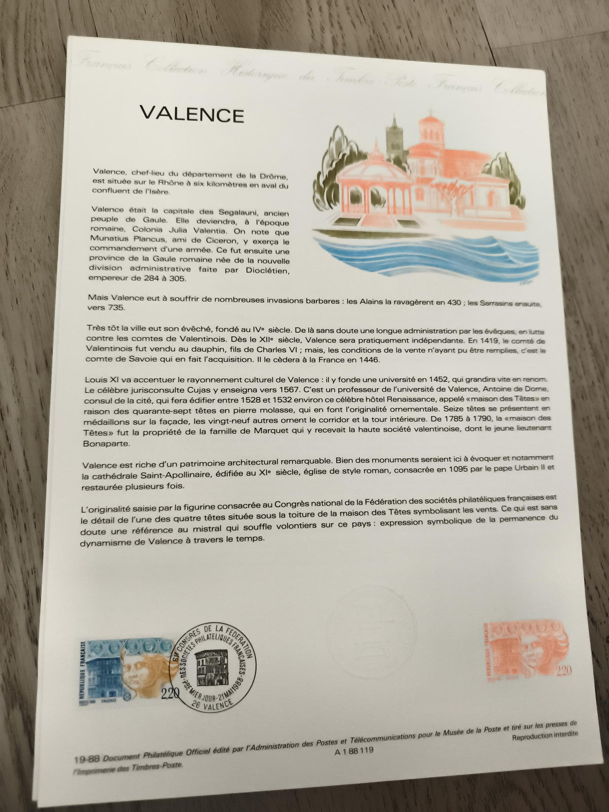 Document philatélique officiel Valence timbres oblitérés France philatélie