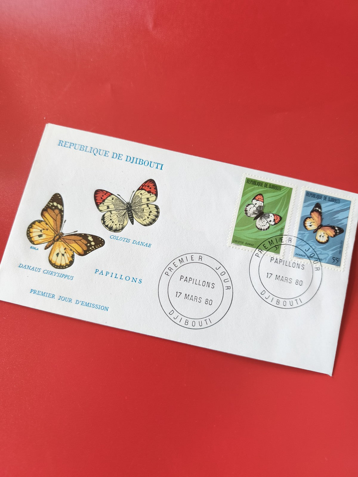 Enveloppe philatélie Djibouti papillons, timbres illustrés premier jour 1980