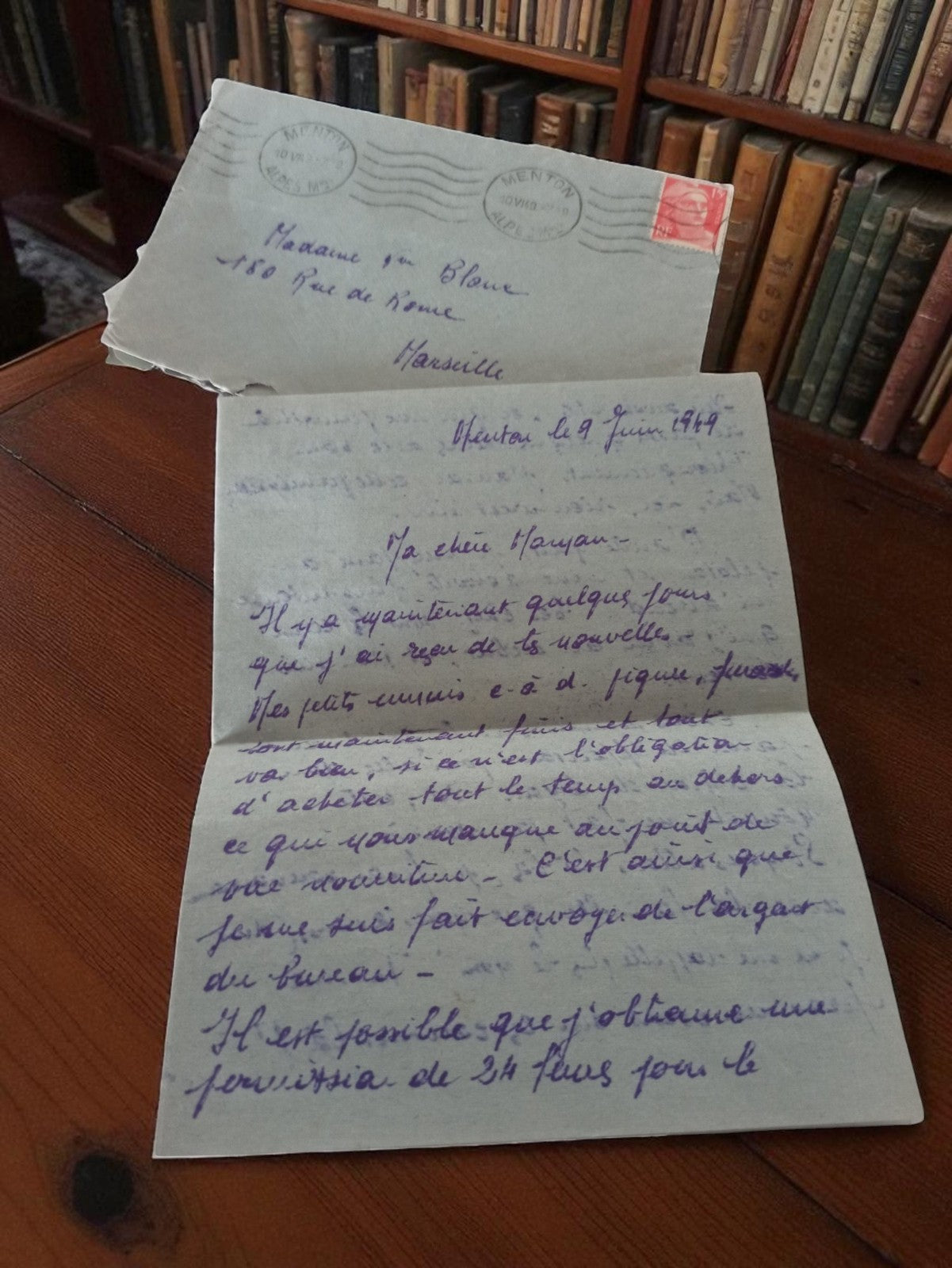 Lettre manuscrite ancienne 1949 Menton Marseille vintage postale écriture bleue