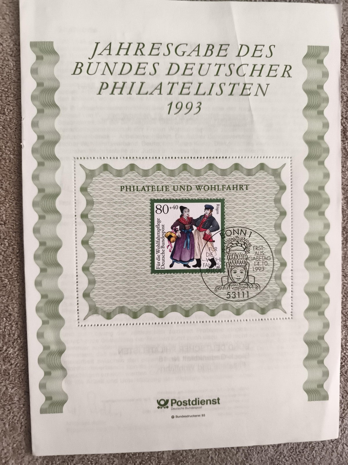 Bloc-feuillet timbre Allemagne 1993 Bundes Philatelisten, Postdienst, oblitéré