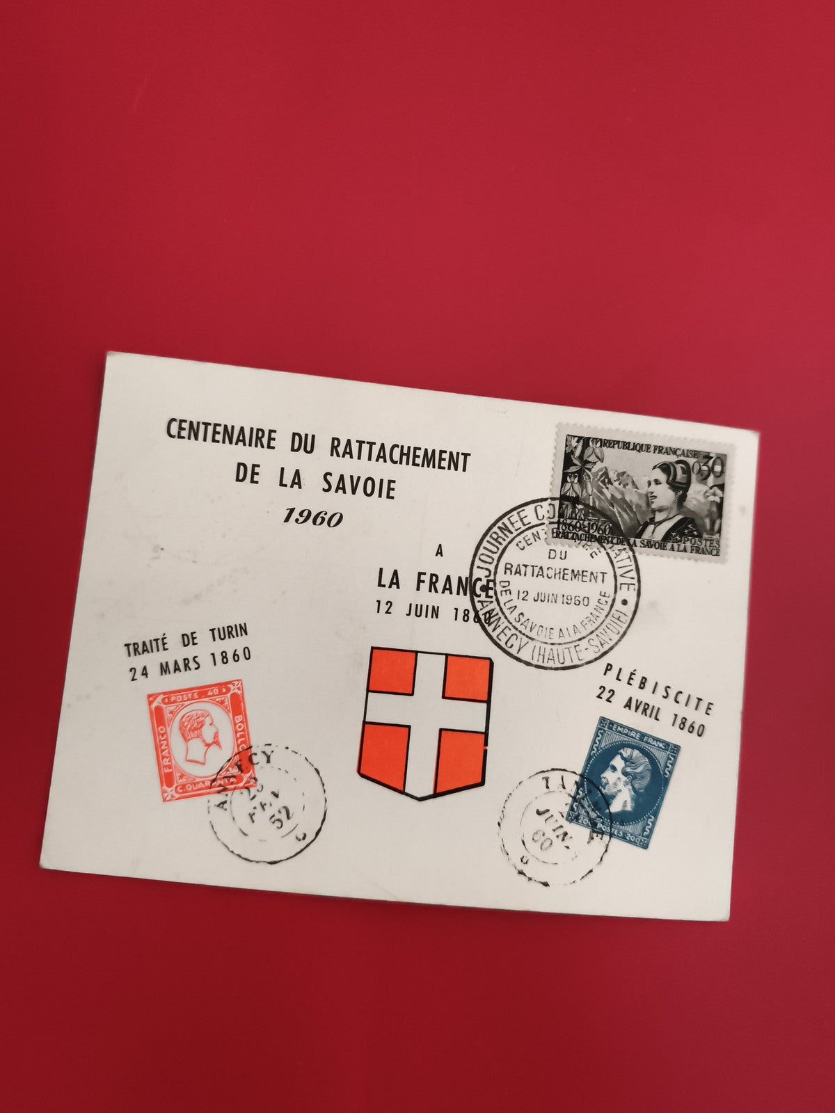 Lettre souvenir Savoie 1960 Centenaire rattachement timbres oblitérés philatélie