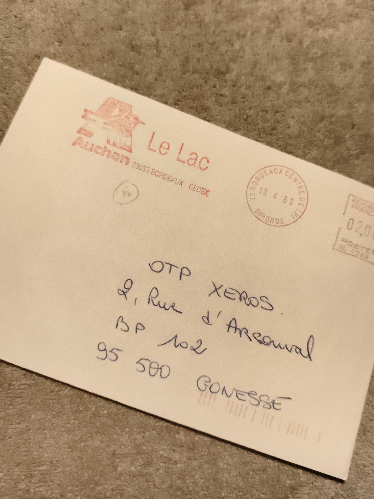 Lettre oblitérée Auchan Le Lac 1989 Bordeaux philatélie cachet postal