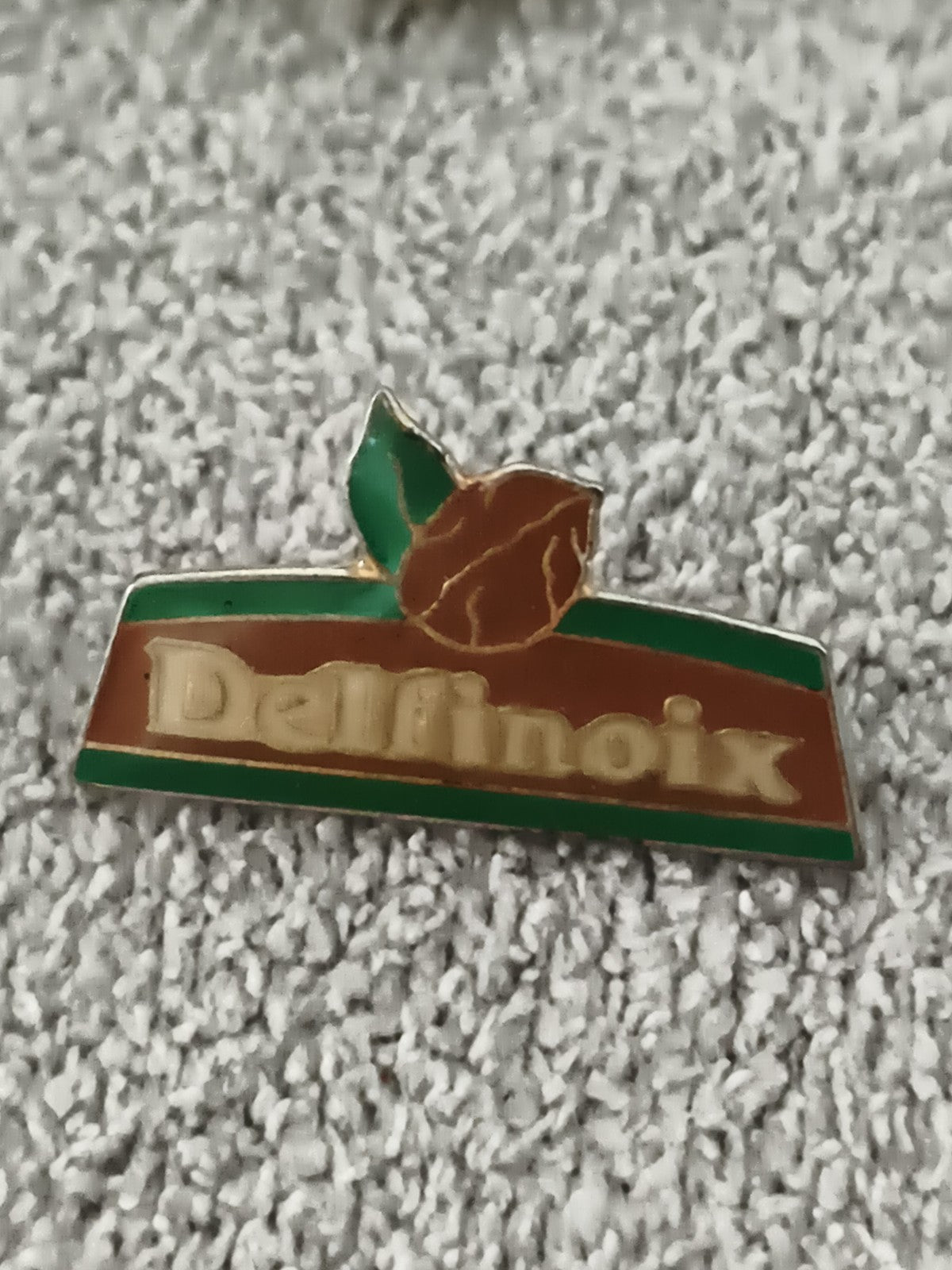 Pin's vintage Delfinoix logo feuille marron vert badge publicitaire ancien