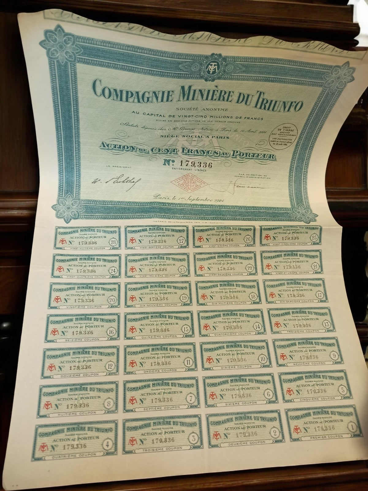Action au porteur Compagnie Minière du Triunfo 1924 document financier ancien