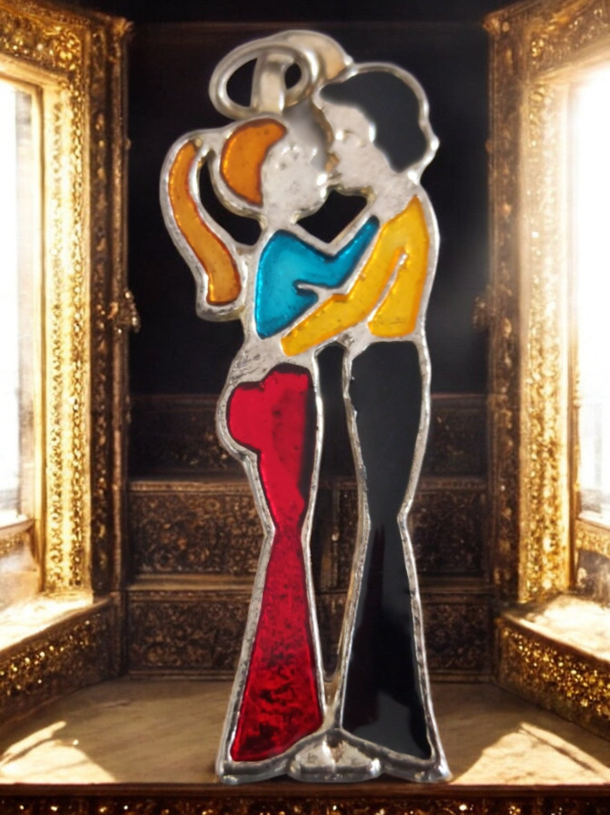Pendentif vintage années 70 émail coloré couple stylisé – rétro deadstock rare