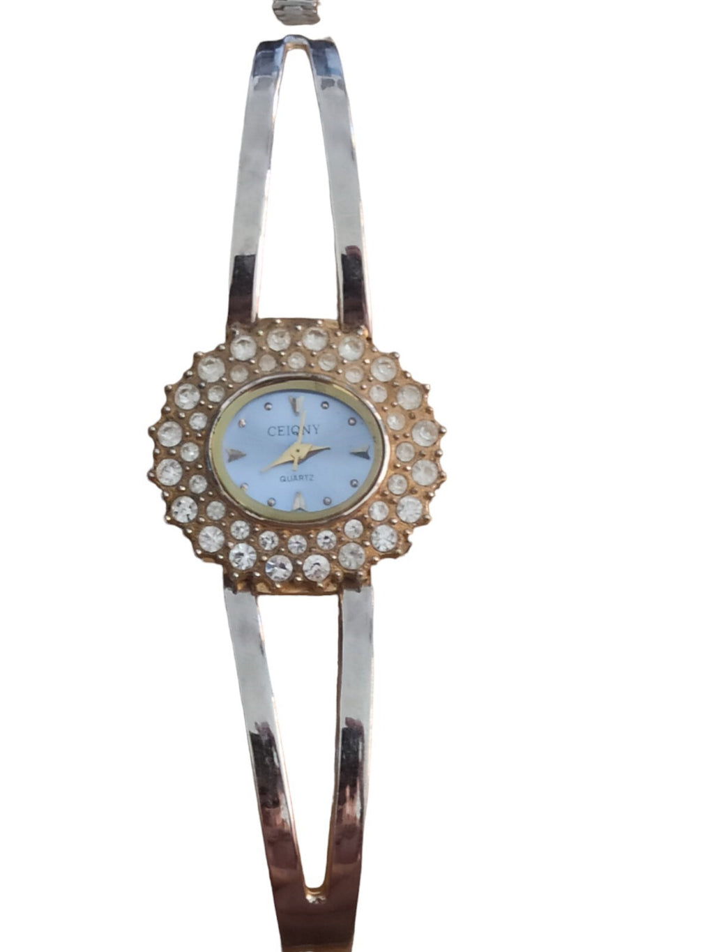 Montre vintage Ceiqny suisse, bracelet rigide doré, cadran strass élégant