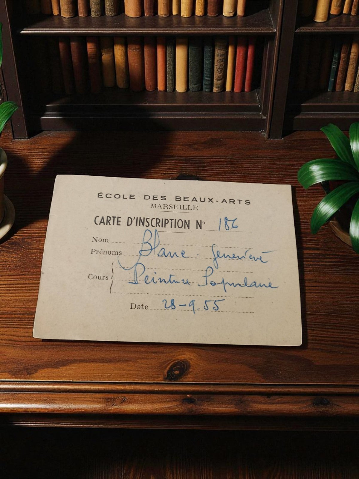 Carte inscription École des Beaux-Arts Marseille 1955, document administratif an