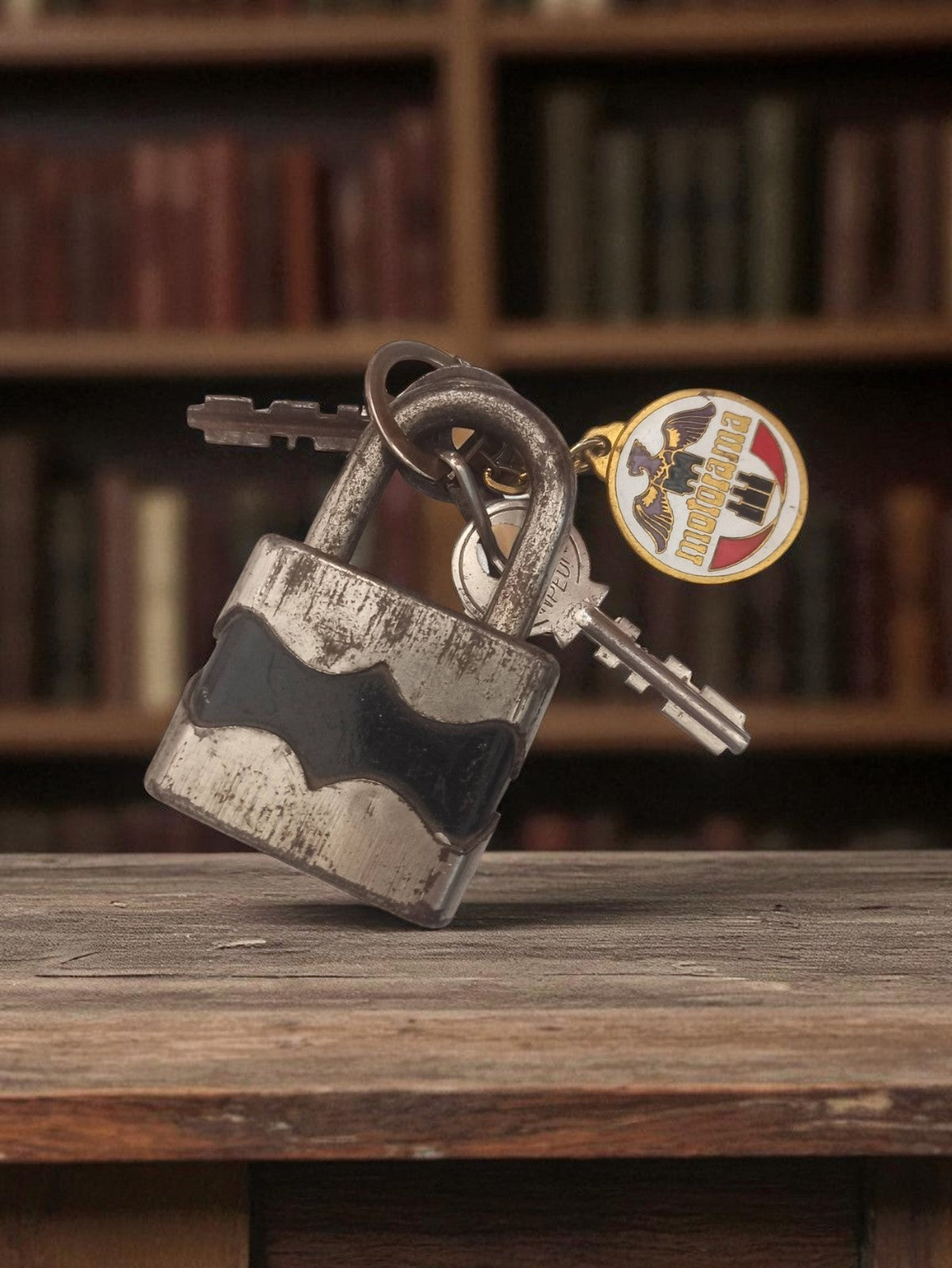 Cadenas ancien vintage aspect patiné avec clés et porte-clés rétro