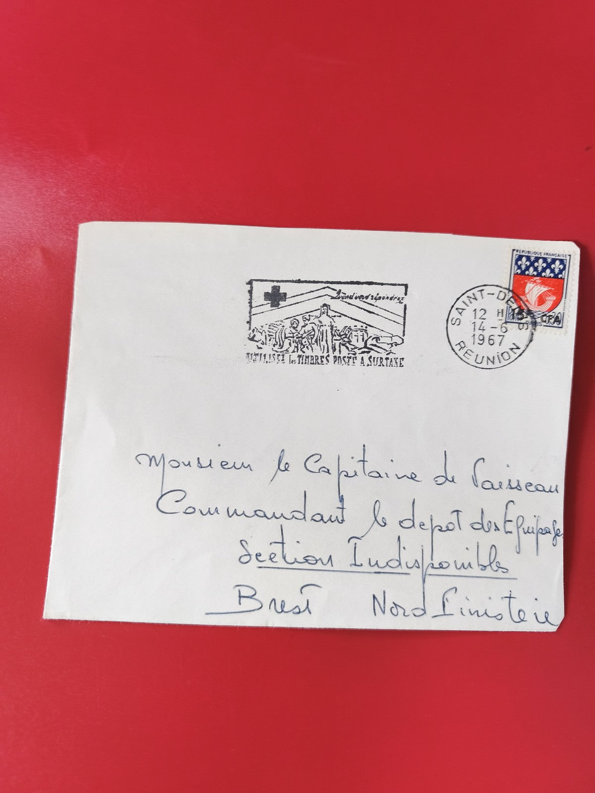 Enveloppe philatélie oblitérée Saint-Denis Réunion 1967 timbre Croix-Blason