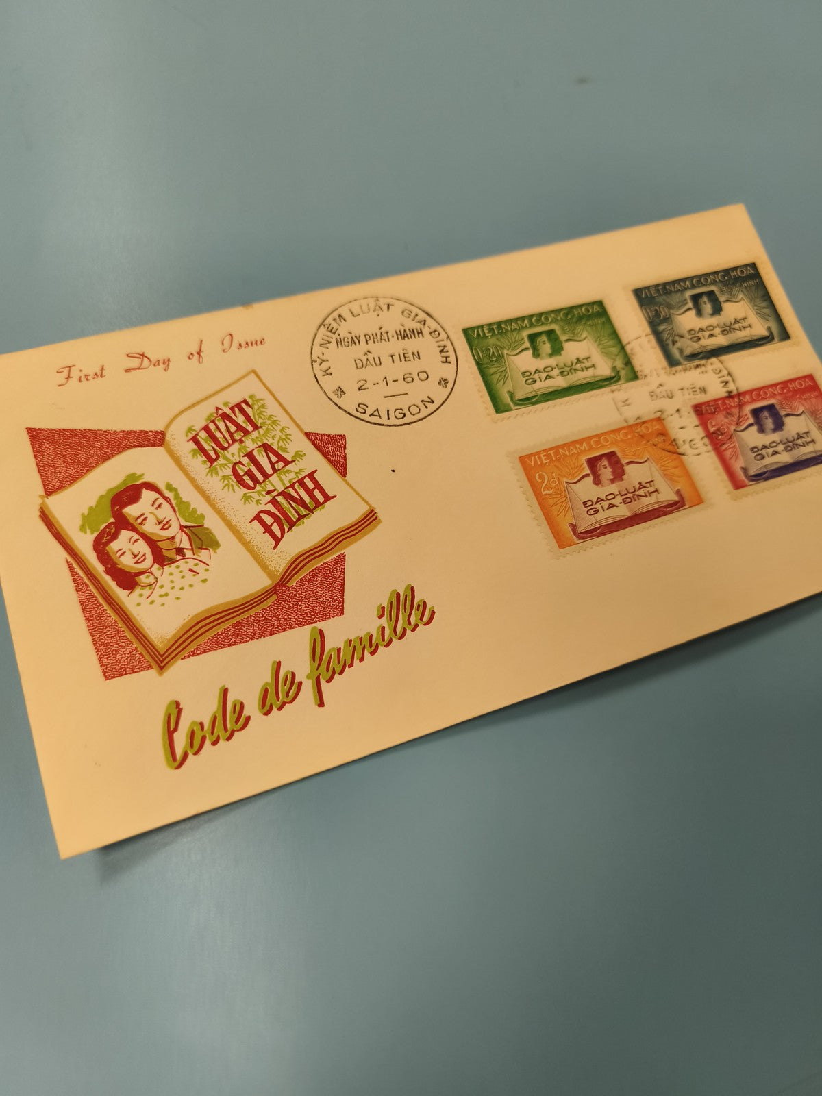 Ancienne enveloppe FDC Vietnam 1960 Code de Famille timbres colorés Saigon