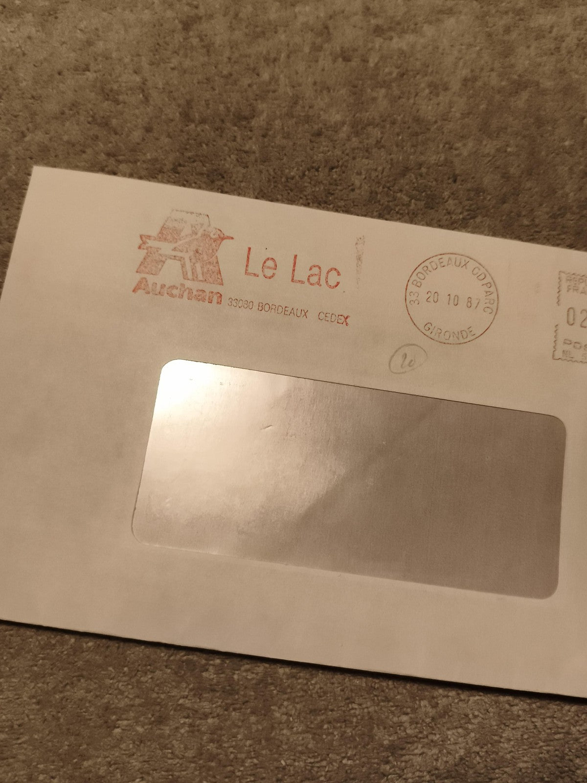 Lettre commerciale Auchan Le Lac 1987 cachet Bordeaux philatélie Gironde (Ref 27