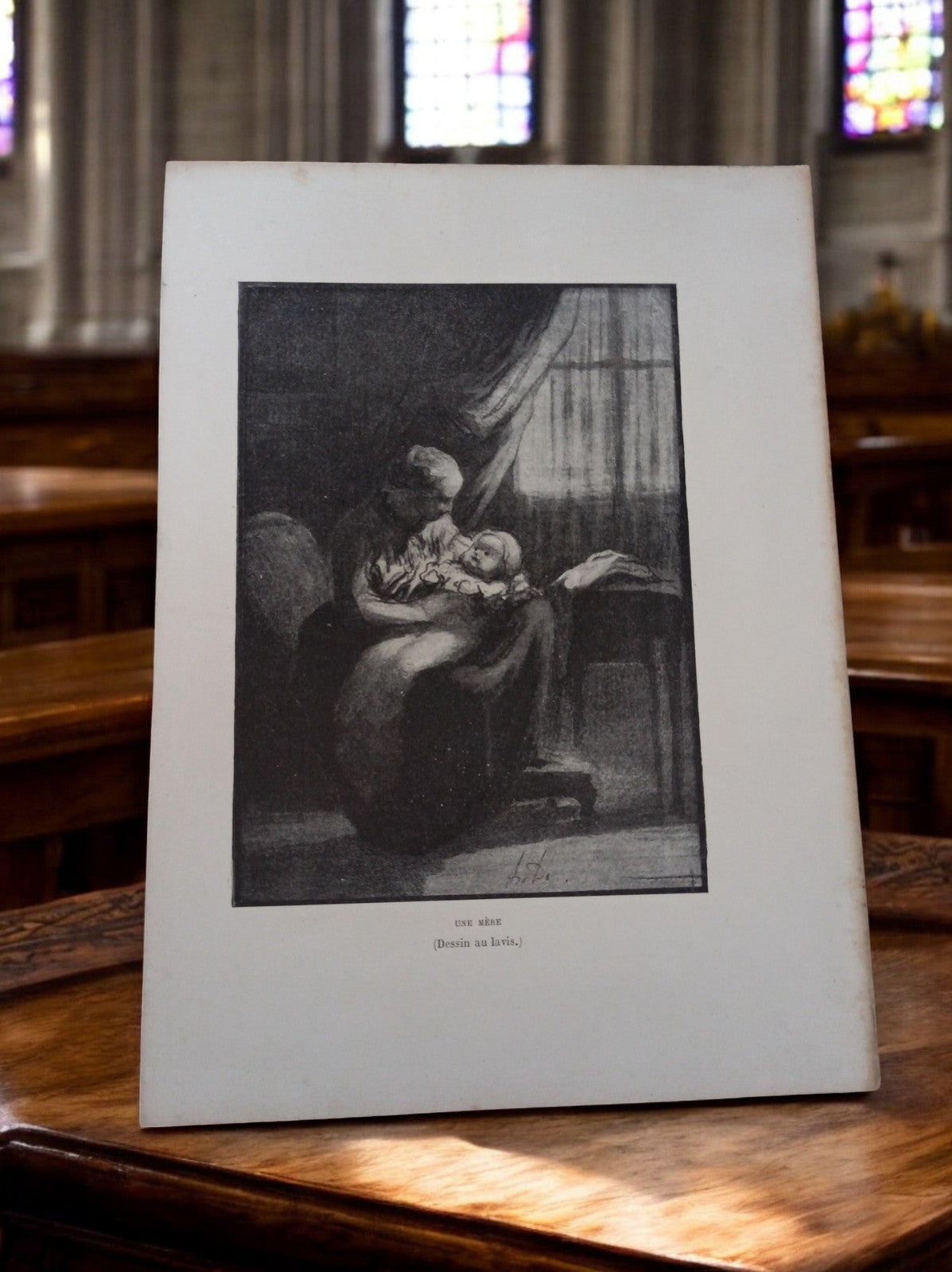 Dessin ancien au lavis mère enfant scène signée reproduction art