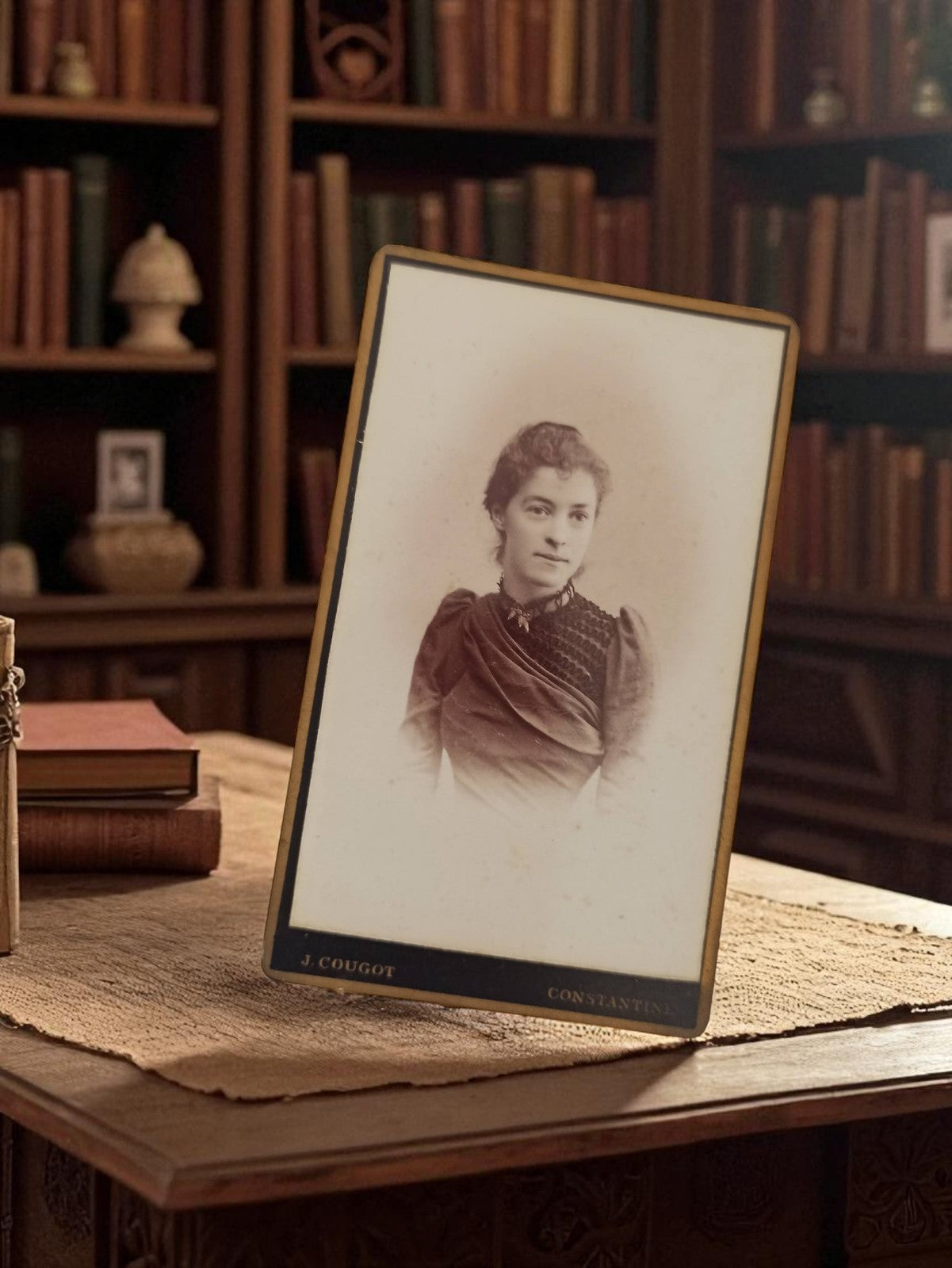Photographie ancienne J. Cougot Constantina, portrait femme, cabinet de curiosit