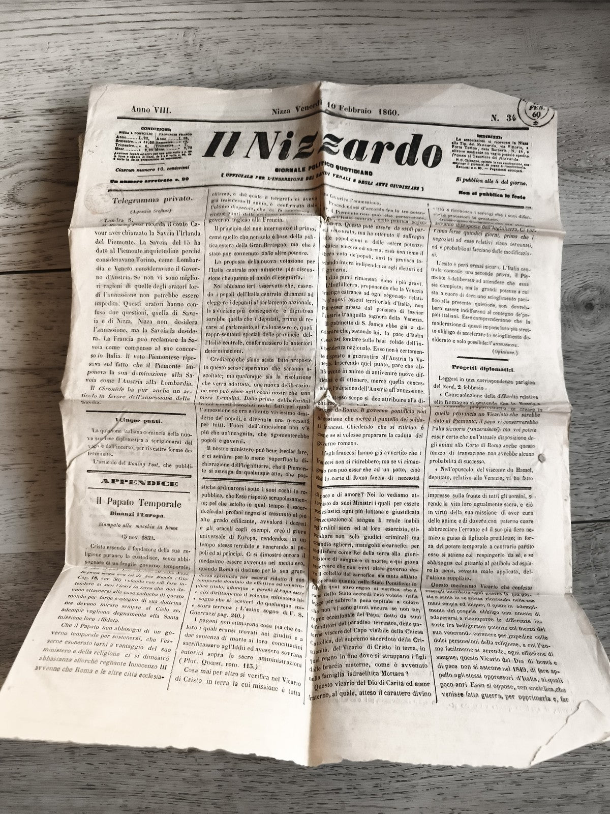 Ancien journal Il Nizzardo 1860 Nice historique presse italienne XIXe