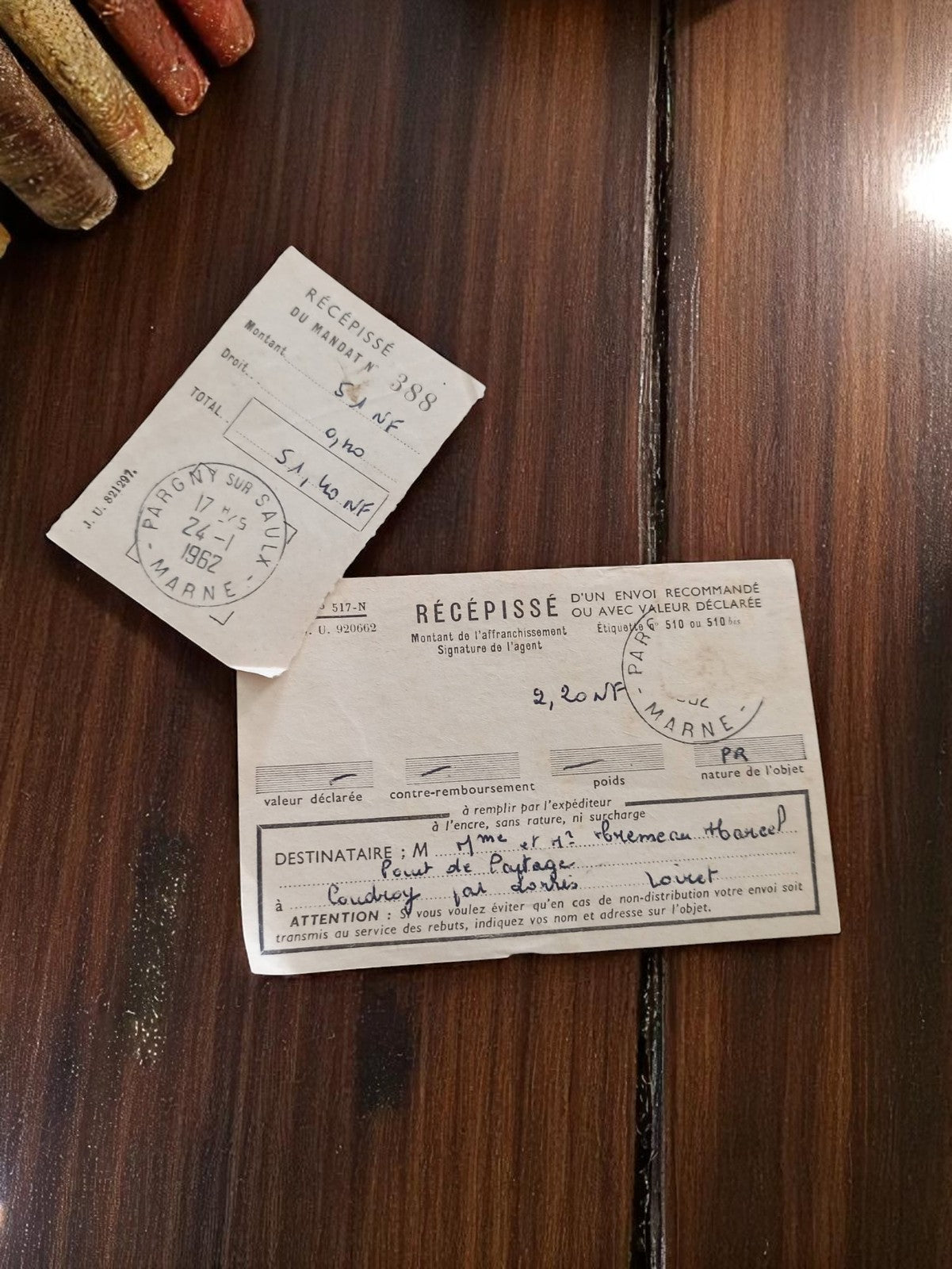 Récépissé postal ancien 1962 Pargny-sur-Saulx Marne, document vintage authentiqu