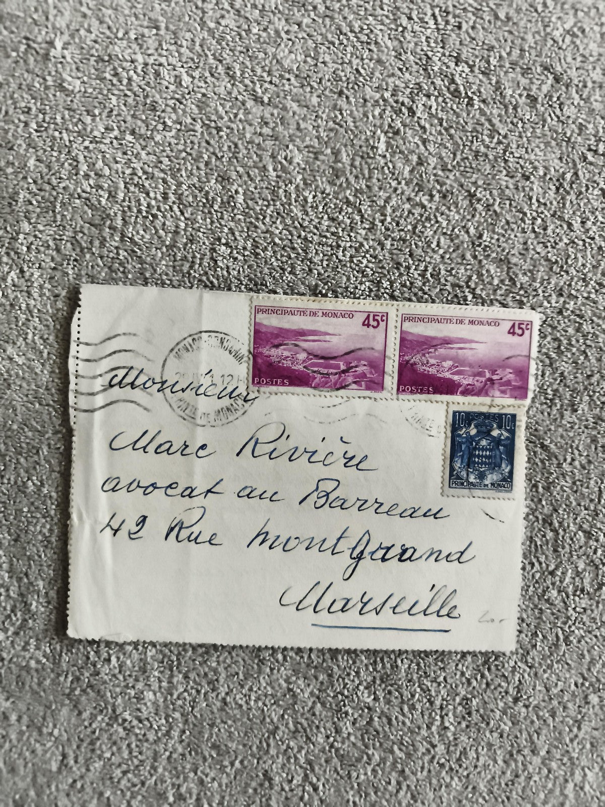 Lettre affranchie Principauté Monaco 2x45c 10c timbres poste philatélie Marseill