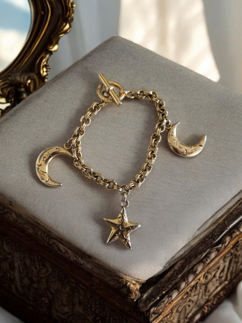 Bracelet vintage CCB doré breloques lune étoile, chaîne maille ronde