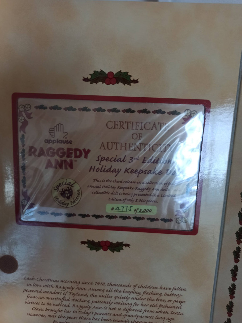Poupée Raggedy Ann Applause Holiday Keepsake avec certificat édition spéciale