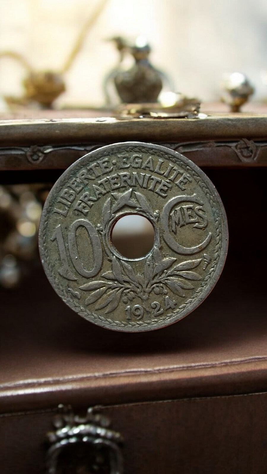 Pièce 10 Francs trouée France 1924, monnaie ancienne, numismatique rare