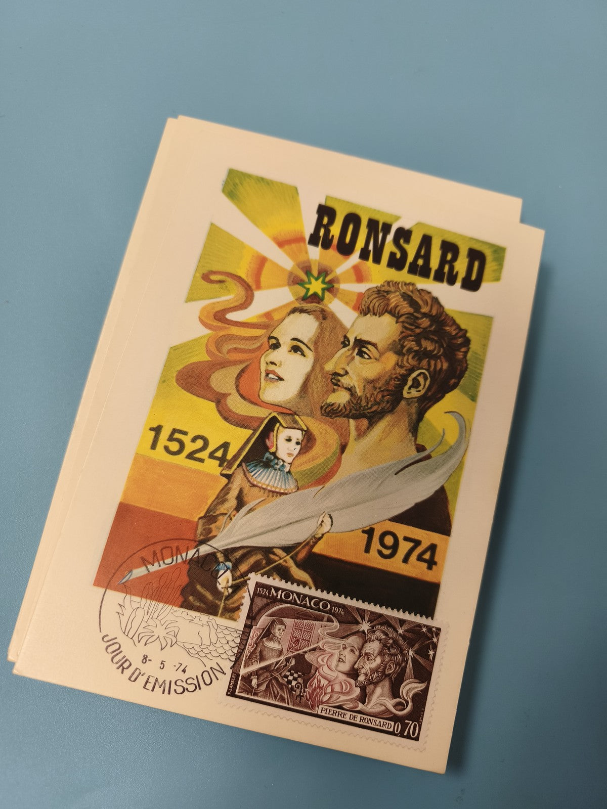 Carte postale Monaco Ronsard 1974 illustrée timbre et oblitération philatélie