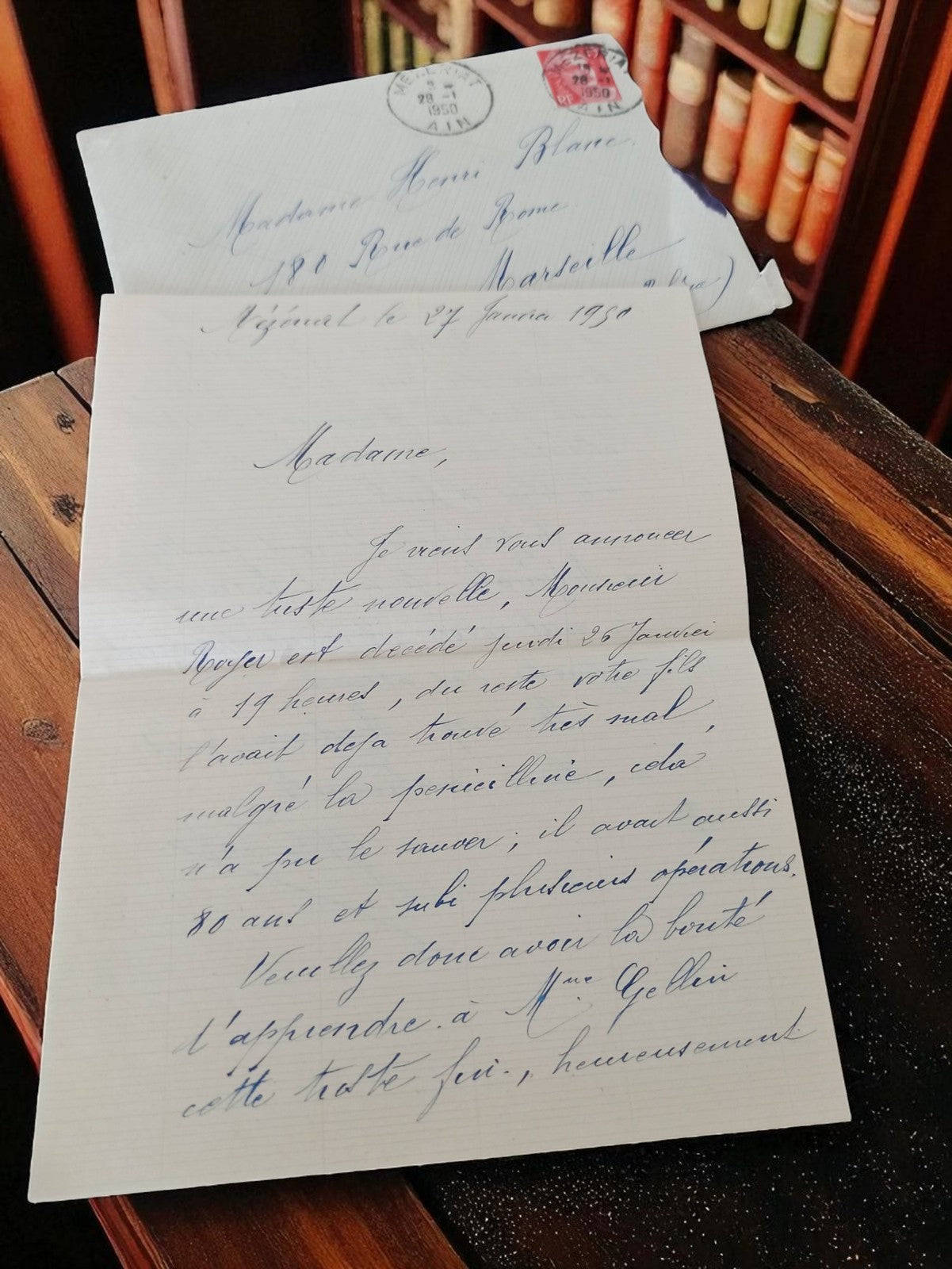 Lettre manuscrite ancienne 1950 avec enveloppe Marseille écriture bleue vintage