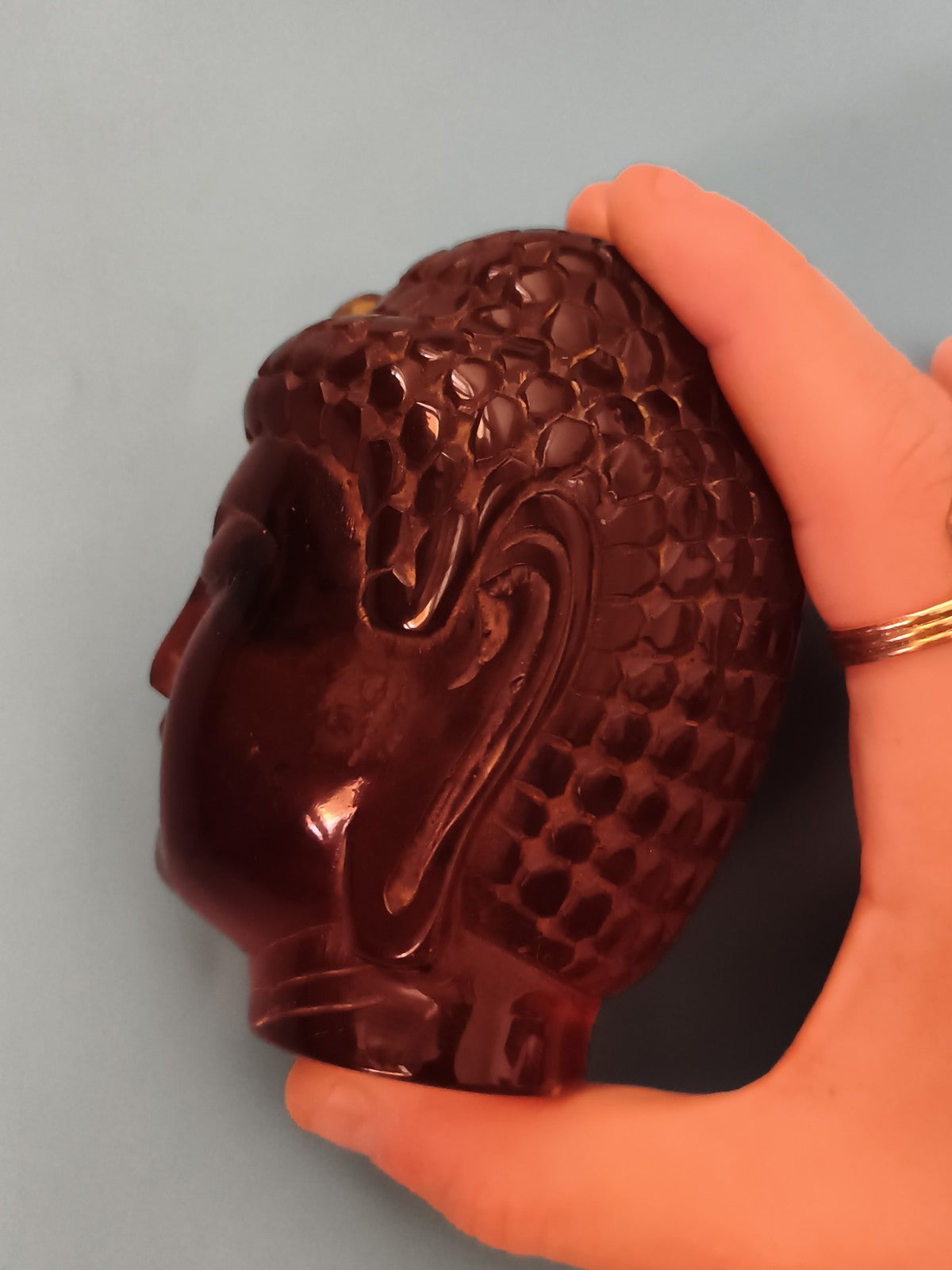 Tête de Bouddha ancienne bakélite rouge sculpture déco vintage Asie zen