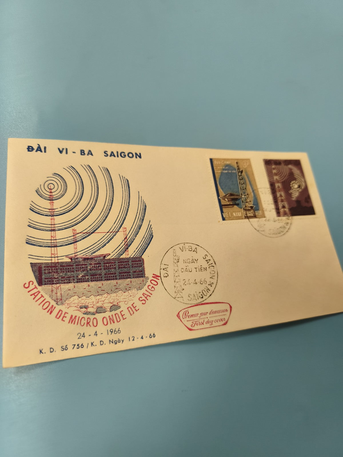 Ancienne enveloppe FDC Vietnam 1966 Station de micro-onde Saigon timbres