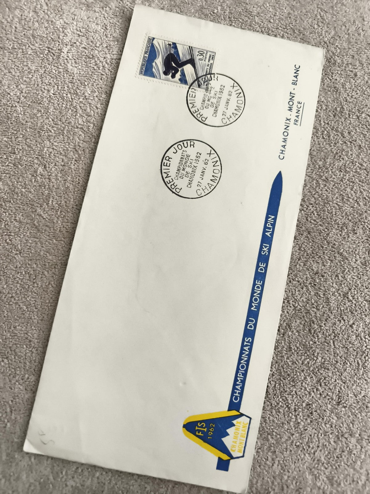 Lettre Premier Jour Chamonix 1962 ski alpin, enveloppe FIS timbre 30c France