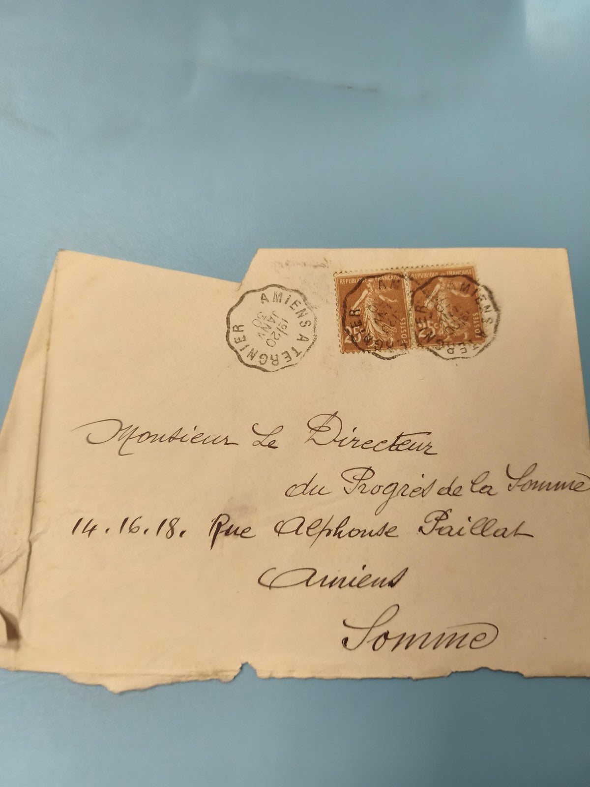 Ancienne enveloppe oblitérée début XXe, timbres Semeuse, Amiens philatélie