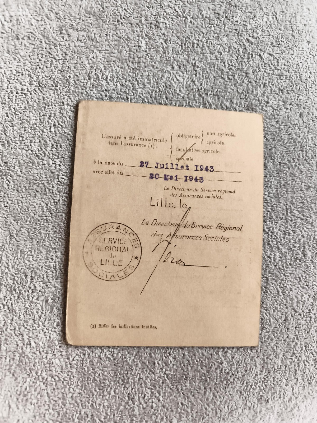 Ancien document 1943 assurance sociale Lille tampon Service régional